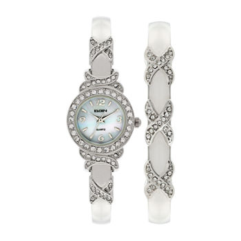 Elgin® Womens Silver-Tone Crystal Accent Bangle Watch Set