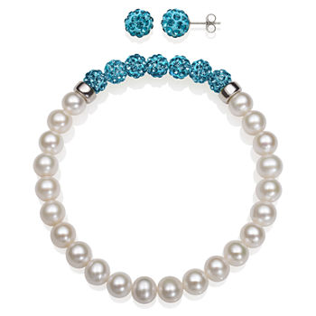 6-7Mm Cultured Freshwater Pearl And 6Mm Turquoise Lab Created Crystal Bead Sterling Silver Earring And Bracelet Set
