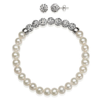 6-7Mm Cultured Freshwater Pearl And 6Mm Grey Lab Created Crystal Bead Sterling Silver Earring And Bracelet Set