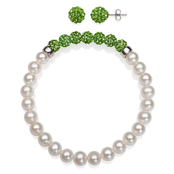 6-7Mm Cultured Freshwater Pearl And 6Mm Green Lab Created Crystal Bead Sterling Silver Earring And Bracelet Set