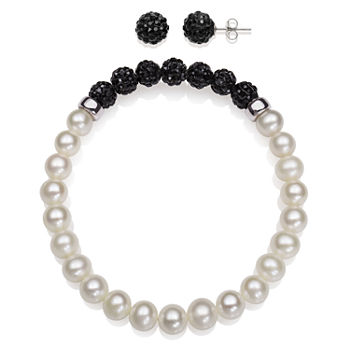 6-7Mm Cultured Freshwater Pearl And 6Mm Black Lab Created Crystal Bead Sterling Silver Earring And Bracelet Set