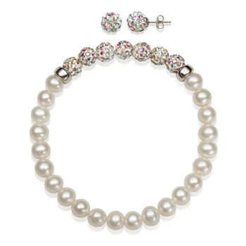 6-7Mm Cultured Freshwater Pearl And 6Mm White Lab Created Crystal Bead Sterling Silver Earring And Bracelet Set