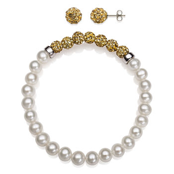 6-7Mm Cultured Freshwater Pearl And 6Mm Brown Lab Created Crystal Bead Sterling Silver Earring And Bracelet Set
