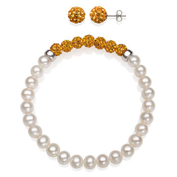 6-7Mm Cultured Freshwater Pearl And 6Mm Orange Lab Created Crystal Bead Sterling Silver Earring And Bracelet Set