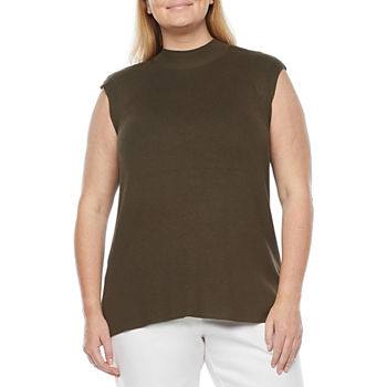 Worthington Plus Womens Mock Neck Short Sleeve Pullover Sweater