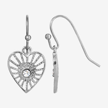 1928 Silver Tone Crystal Heart Drop Earrings