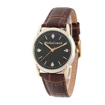 Personalized Mens Brown Leather 4 Diamond Strap Watch