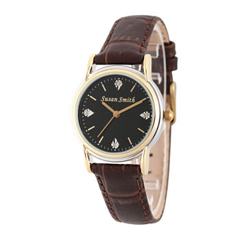 Personalized Womens Brown Leather 4 Diamond Strap Watch