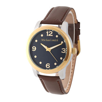 Personalized Mens Gold Tone Alloy Brown Leather Strap Watch