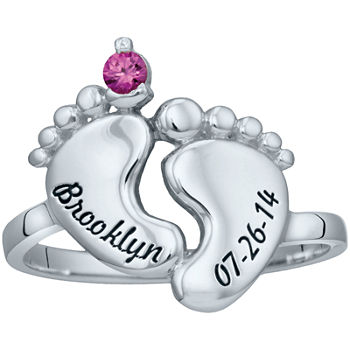 Personalized Simulated Birthstone Engraved Baby Feet Ring