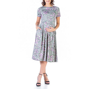 24/7 Comfort Apparel Maternity Short Sleeve Abstract Fit + Flare Dress
