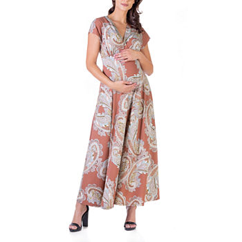 24/7 Comfort Apparel Maternity Short Sleeve Paisley Maxi Dress