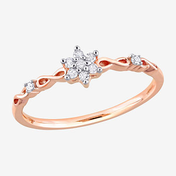 Womens 1/10 CT. T.W. Genuine White Diamond 18K Rose Gold Over Silver Flower Delicate Stackable Ring