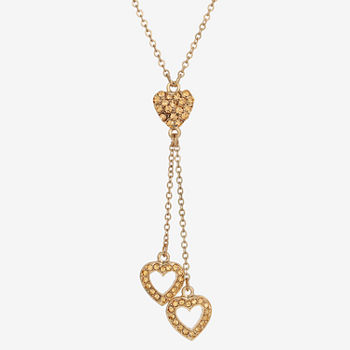 1928 Gold-Tone Crystal 16 Inch Link Heart Y Necklace