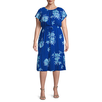 Liz Claiborne Plus Short Sleeve Floral Midi Fit + Flare Dress
