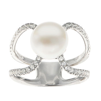 9-9.5Mm Cultured Freshwater Button Pearl And Genuine White Topaz  Sterling Silver Ring