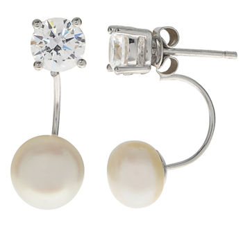 8-8.5Mm Cultured Freshwater Button Pearl And Cubic Zirconia Sterling Silver Front To Back Earrings