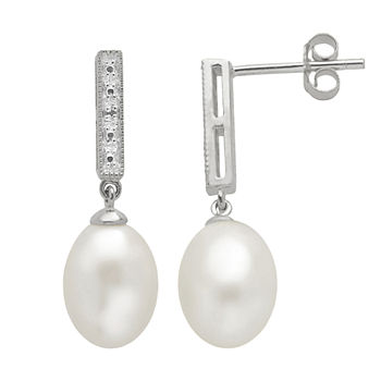 7.5-8Mm Cultured Freshwater Pearl And Diamond Accent Sterling Silver Earrings