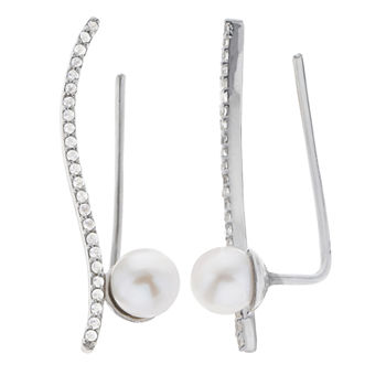 5.5-6Mm Cultured Freshwater Pearl And Genuine White Topsz Sterling Silver Climber Earrings