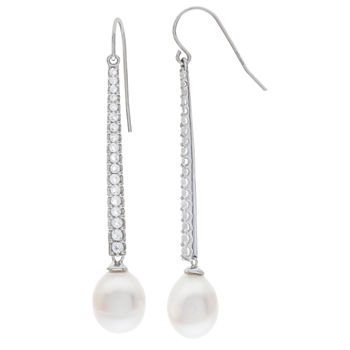 9-10Mm Cultured Freshwater Pearl And Genuine White Topaz Sterling Silver Earrings