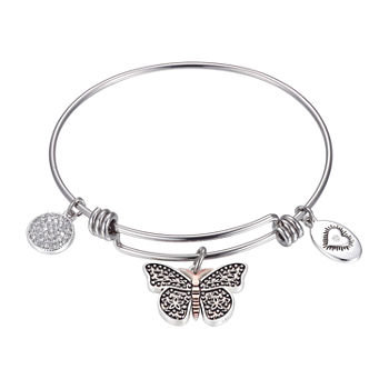 Footnotes Be Brave Silver Over Brass Stainless Steel Solid Butterfly Bangle Bracelet