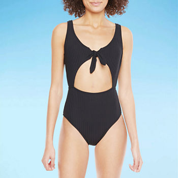 Decree Ribbed Front Tie Womens Textured One Piece Swimsuit Juniors