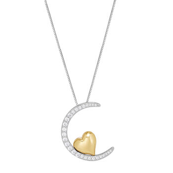 Womens White Cubic Zirconia 10K Gold Sterling Silver Heart Moon Pendant Necklace
