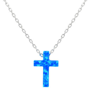 Womens Lab Created Blue Opal Sterling Silver Cross Pendant Necklace