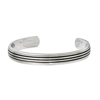 Mens Stainless Steel & Black Rubber Inlay Cuff Bracelet
