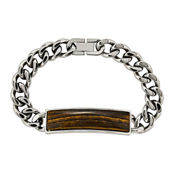 Mens Tigers Eye Stainless Steel Chain Bracelet