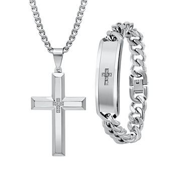 1/10 CT. T.W. Genuine White Diamond Stainless Steel Cross 2-pc. Jewelry Set