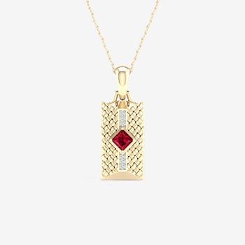 Mens Diamond Accent Lead Glass-Filled Red Ruby 10K Gold Dog Tag Pendant Necklace