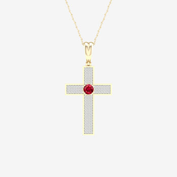 Mens 1/2 CT. T.W. Lead Glass-Filled Red Ruby 10K Gold Cross Pendant Necklace