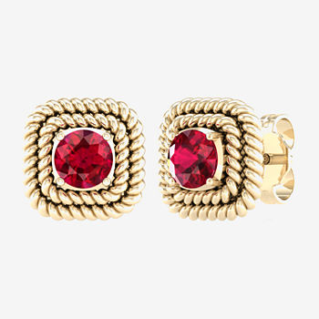Lead Glass-Filled Red Ruby 10K Gold 9.7mm Square Stud Earrings