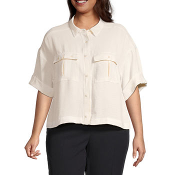 Worthington Plus Womens Short Sleeve Adaptive Regular Fit Button-Down Shirt