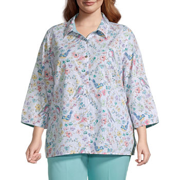 Alfred Dunner Plus Isle Of Capri Womens 3/4 Sleeve Button-Down Shirt
