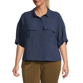 Worthington Plus Womens Elbow Sleeve Regular Fit Button-Down Shirt