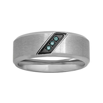 Mens Color-Enhanced Blue Diamond-Accent Stainless Steel Wedding Band