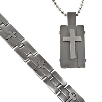 Men's Stainless Steel Cross-Embossed Dog Tag & Bracelet in Valet Box
