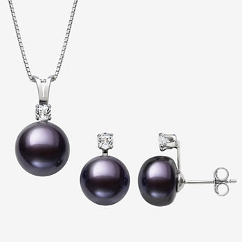 Dyed Black Cultured Freshwater Pearl Sterling Silver 2-pc. Jewelry Set