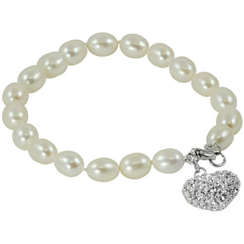 Cultured Freshwater Pearl & Crystal Heart Bracelet