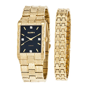 Elgin® Mens Diamond-Accent Gold-Tone and Black Watch and Bracelet