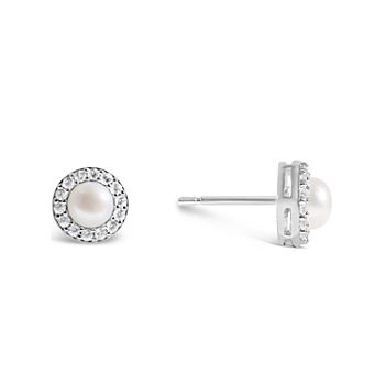 Womens Freshwater Pearl & Lab-Created White Sapphire Sterling SIlver Earrings