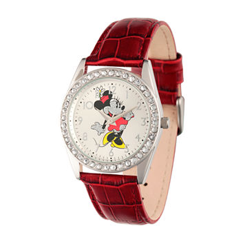 Disney Womens Red And Silver Tone Vintage Minnie Mouse Glitz Strap Watch W002762