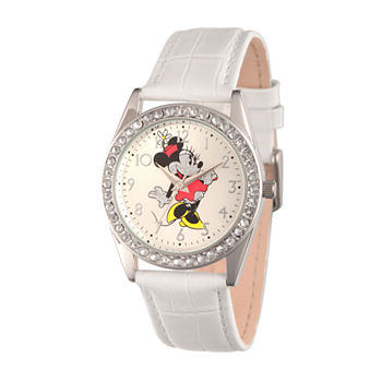Disney Womens White And Silver Tone Vintage Minnie Mouse Glitz Strap Watch W002764