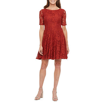 Danny & Nicole Short Sleeve Floral Lace Fit + Flare Dress