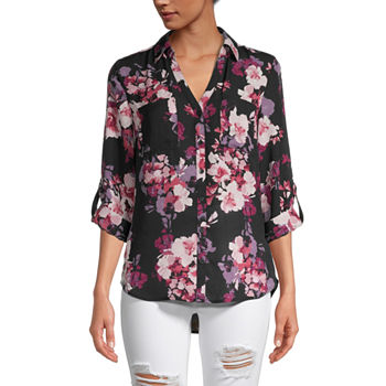 by&by Juniors Womens 3/4 Sleeve Regular Fit Button-Down Shirt