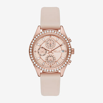 Relic By Fossil Womens Multi-Function Crystal Accent Pink Strap Watch Zr15993