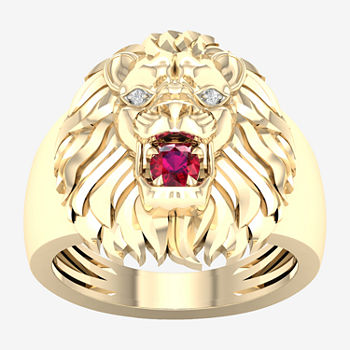Lion'S Head Mens Diamond Accent Lead Glass-Filled Red Ruby 10K Gold Fashion Ring