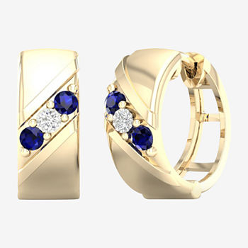 Diamond Accent Genuine Blue Sapphire 10K Gold 15.2mm Hoop Earrings